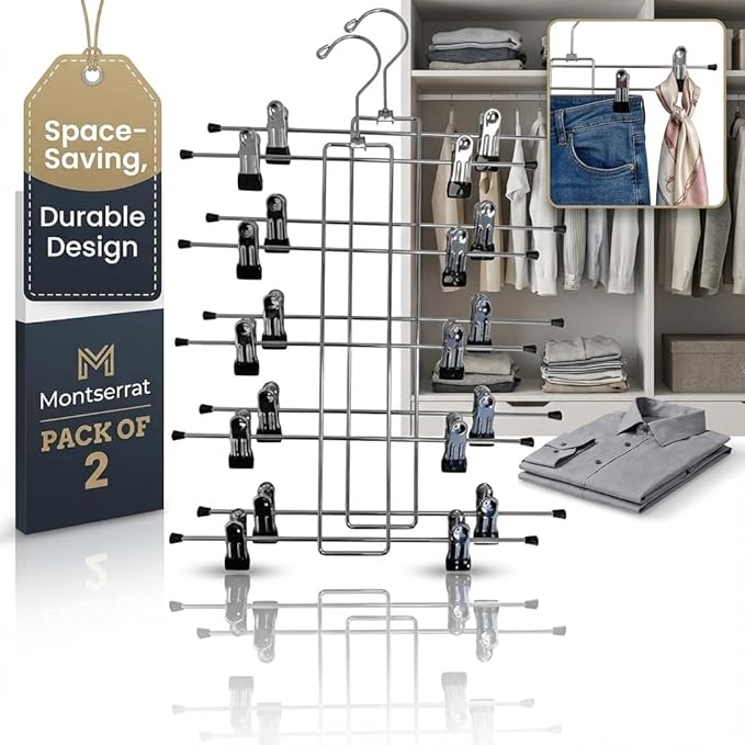5 Tier Metal Hangers with Clips - Pack of 2 Space-Saving Wire Hangers, Heavy Duty Stainless Steel Clothes Hangers for Pants, Skirts, Scarves, and Jeans - Ideal for Closet Organization