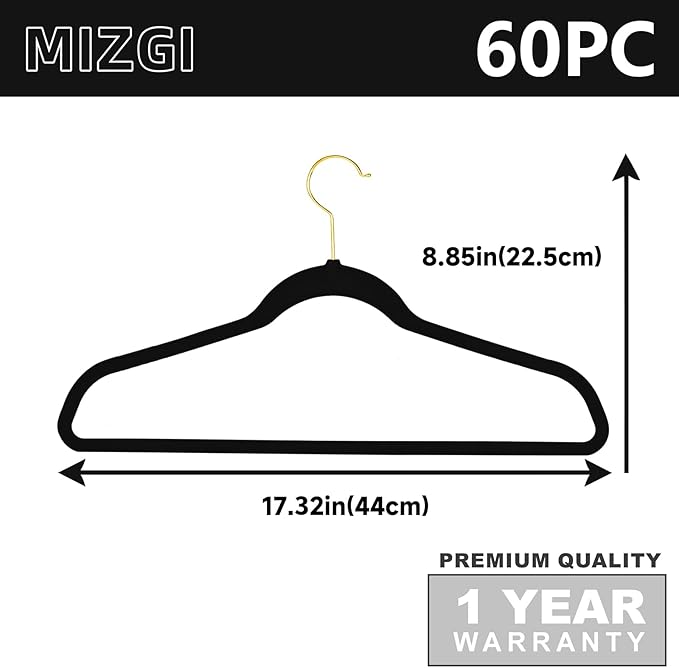MIZGI Black Velvet Hangers 60 Pack,Premium Gold Clothes Hangers Non-Slip Felt Hangers,Sturdy Black Heavy Duty Coat Durable Suit Hanger for Space Saving, No Flocked Marks