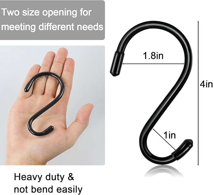 4 Inch 12 Pack Heavy Duty Vinyl Coated S Hooks Non-Slip & Scratch-Proof Black Hanging Hooks for Plants Kitchen Utensils Pots Pans Clothes & Bags Ideal for Closet, Garage & Garden Organization