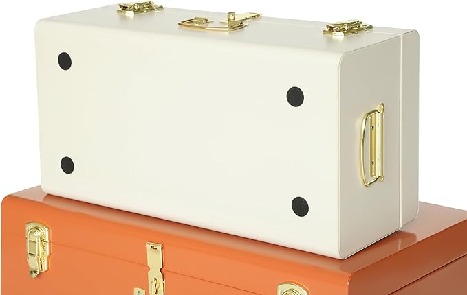 Vixdonos Decorative Large Metal Box Storage Trunk Chest Set of 2 College Dorm Organizer with Hardware Hasps and Handle for Home Deocr,23.7X14.2X9.5 Inches(Beige and Orange)