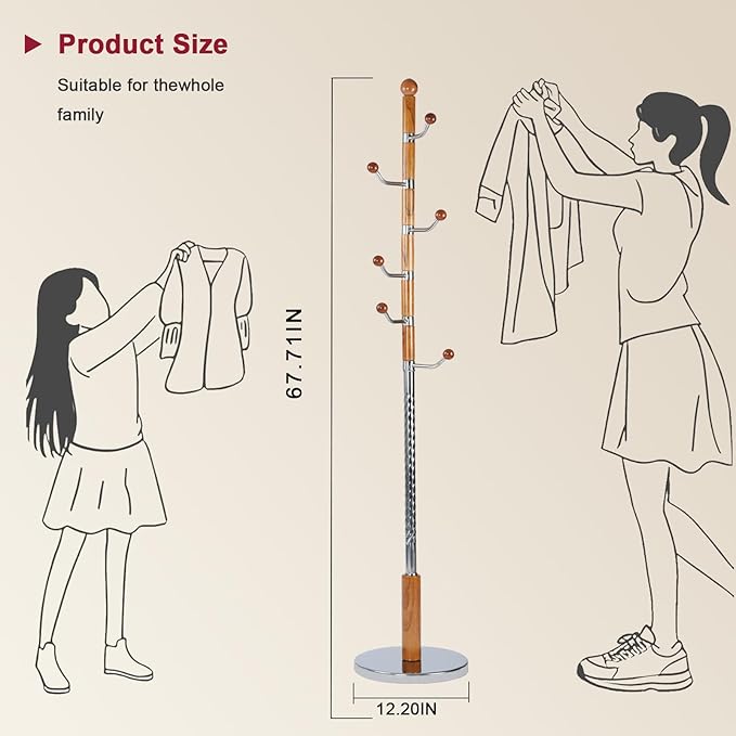 Wood Coat Rack Freestanding with 11 Hooks, 67 Inches Adjustable Height Coat Rack Stand, Vintage Hall Tree Coat Racks with Stable Round Base for Entryway, Bedroom (Solid Wood Metal Hook)