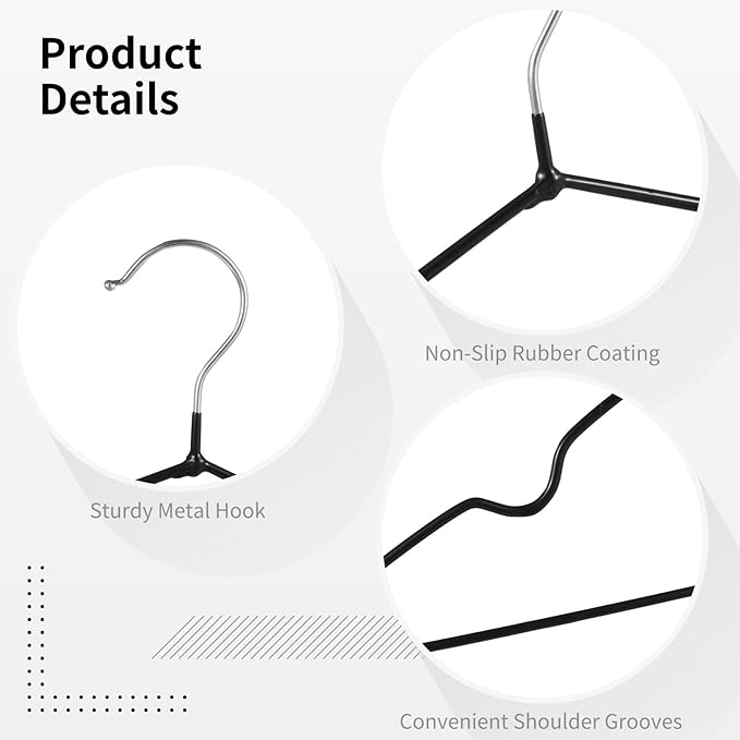 30 PCS Metal Hangers with Rubber Coating, Heavy Duty Non-Slip Clothes Hanger, Suit Hangers with Round Notches, Black Coat Hanger for Strap Dresses Jackets Shirts Pants