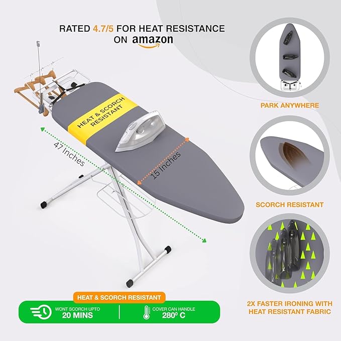 Xabitat Full Size Ironing Board 57" X 15" with Wall Mount Hanger, Full Metal Construction Iron Board, Built in Iron Caddy, Heat & Scorch Resistant Fabric, Cord Holder (Blue, 15 x 57 Inches)