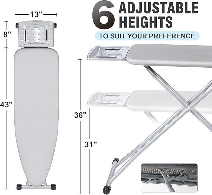 oleaf Ironing Board with Cover and Thicken Pad 43 x 13 Height Adjustable Full Size Foldable Iron Board with Iron Rest, Stable Steel Legs, Metal Construction, Heat Resistant, Dark Gray