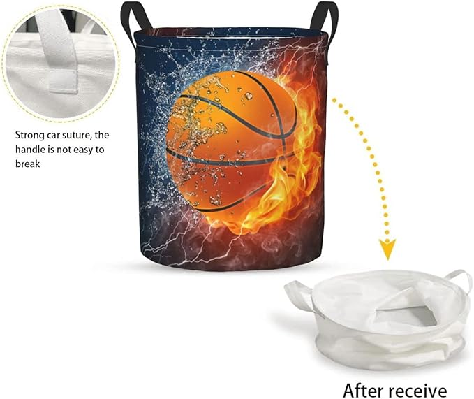 Dujiea Basketball Ball in Fire and Water Laundry Basket Round with Handle, Collapsible Foldable Canvas Storage Bin Dirty Clothes Bag for Laundry/Toys Organizer/College Dorm/Nursery/Decor(2 Sizes)