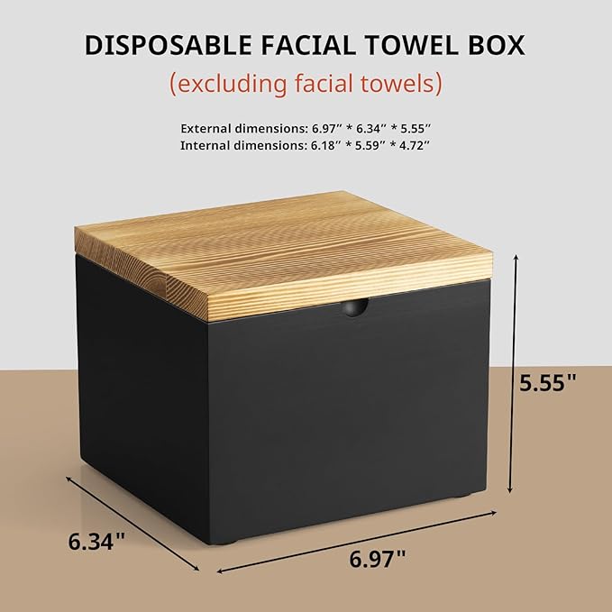 Disposable Face Towel Holder, Wooden Box Compatible with Clean Towels XL(NOT Included), Black Container for Cleansing Facial Dry Wipes, Face Towelettes Bathroom Counter Storage