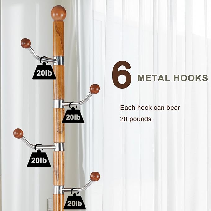 Wooden coat rack stand, Heavy duty coat racks tree freestanding with 6 Hooks and Sturdy Metal Base, Coat tree for jacket,Hats, Bags, Purses, clothes (Round base-Natural)