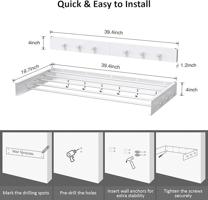 Drying Rack Clothing,Clothes Drying Rack Wall Mounted,Laundry Drying Rack Wall Mount,Foldable,Collapsible,60 lb Capacity 5 Aluminium Poles with 6 Hooks,Space Saving Clothes Drying Rack,White 40"