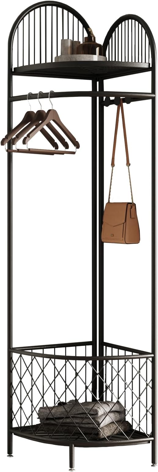 Corner Coat Rack with Storage and hooks,Hall Tree Metal Corner Clothes Rack for Home, Bedroom, Living Room, Entryway (black)