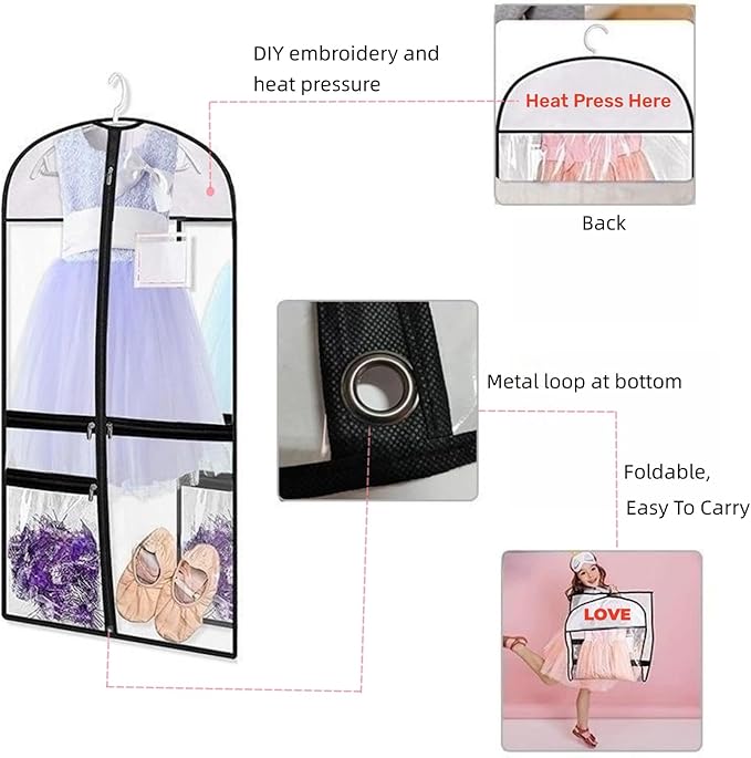 Clear Dance Costume Garment Bag, 39 Inch Garment Bag for Dance Competitions, Kids Hanging Clothes Cover for Girls Closet Storage with 3 Zippered Pockets (2 Pack, Clear)