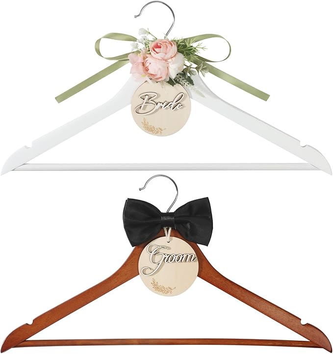 Bride & Groom Hanger with Personalized Name Tags, 2 Pack Dark Wood & White Wood Bridal Dress Hanger for Wedding Day Photos & Gift (Pink & White)