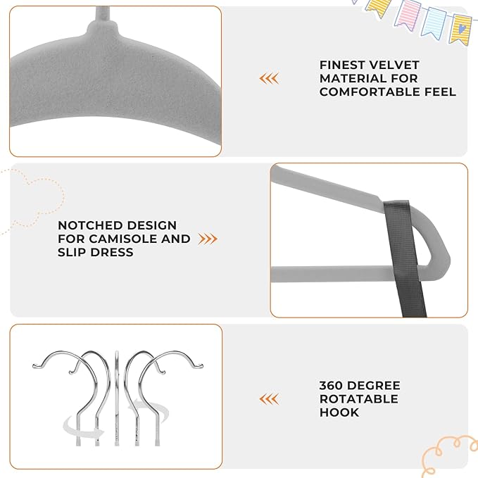 Velvet Baby Hangers with 10x Clips and 8X Dividers (30 Pack) | 11” Ultra-Slim Baby Clothes Hangers | Non-Slip Felt | Space-Saving Nursery & Infant Closet Organizer | Gray