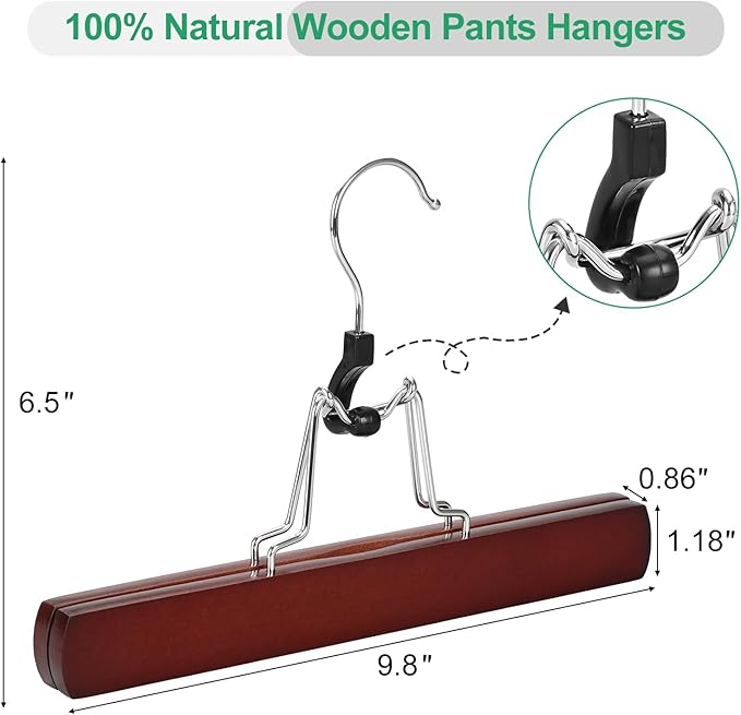 TOPIA HANGER 24 Pack Wooden Pants Hangers, Hair Extension Hangers Non Slip Skirt Hanger Wood Clamp with Velvet Padded 360° Swivel Hook for Jeans, Skirts, Trousers, Wigs Cherry CT68M