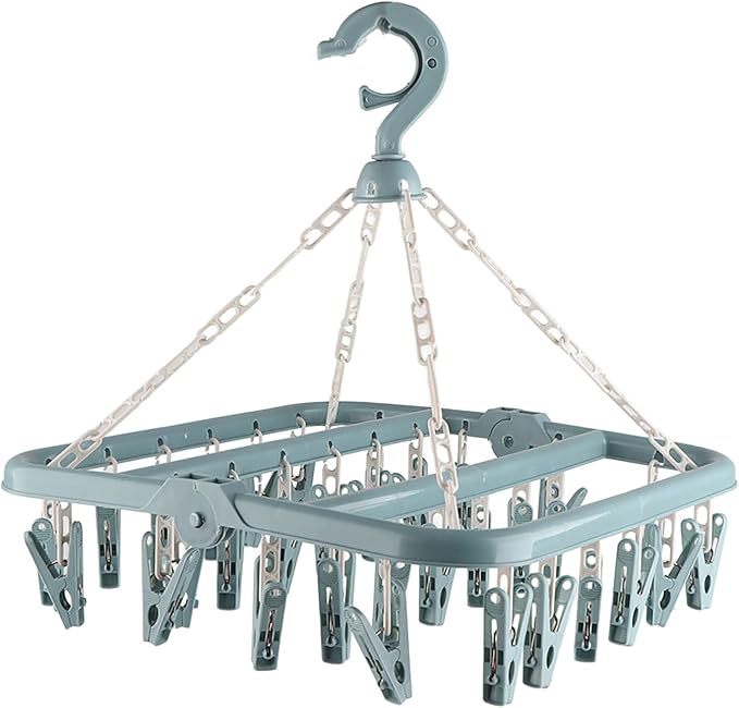 Laundry Hanger, with 32 Clips Foldable Clothespin Drying Rack for Socks Underwear Bras Scarf S Blue (Blue)