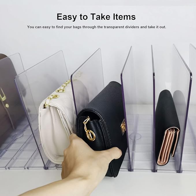 Purse Organizer for Closet, Adjustable Clear Shelf Dividers for Closet Organization Plastic Purse Storage Organizer Bag Organizer