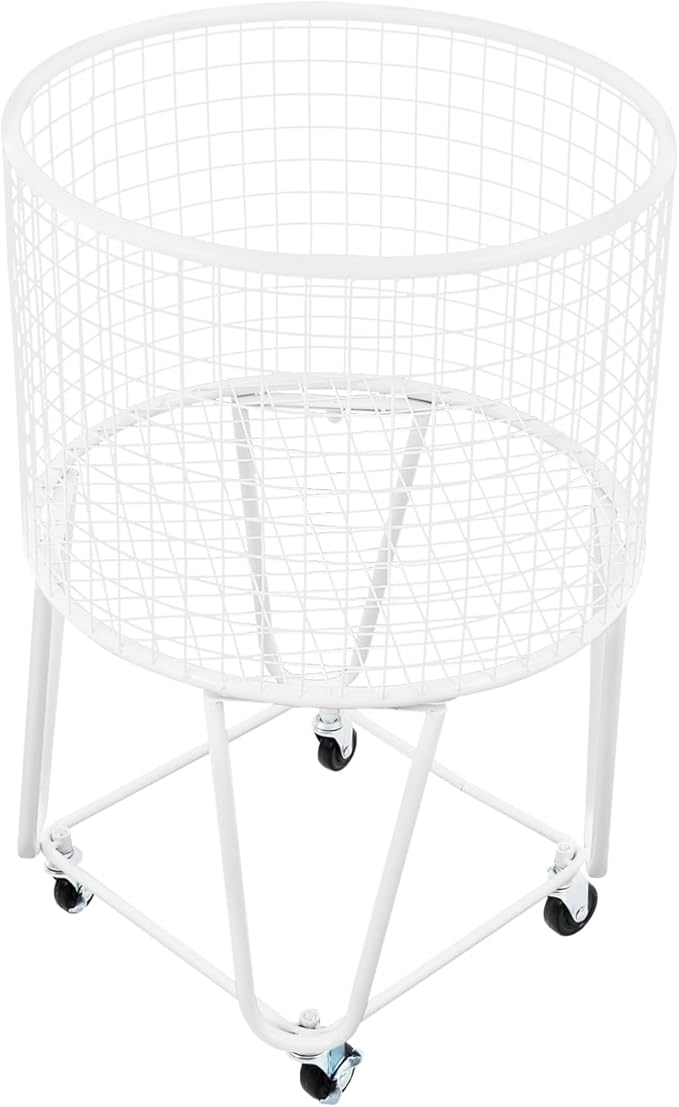 Rolling Laundry Basket Cart, Metal Laundry Hamper with Wheels, Laundry Organizer Basket Cart, Clothes Storage Organizer Hamper for Living Room,Bathroom,Closet (White, Round)