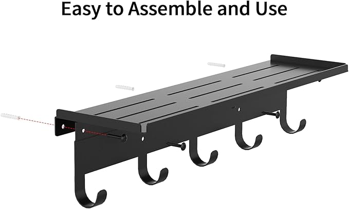 Wall Shelf with Hooks, Metal Coat Rack Wall Mounted with 5 Hooks, 17 Inch Clothes Hooks Entryway Coat Hangers Storage Clothes, Bags, Purse, Keys for Living Room, Bedroom, Black