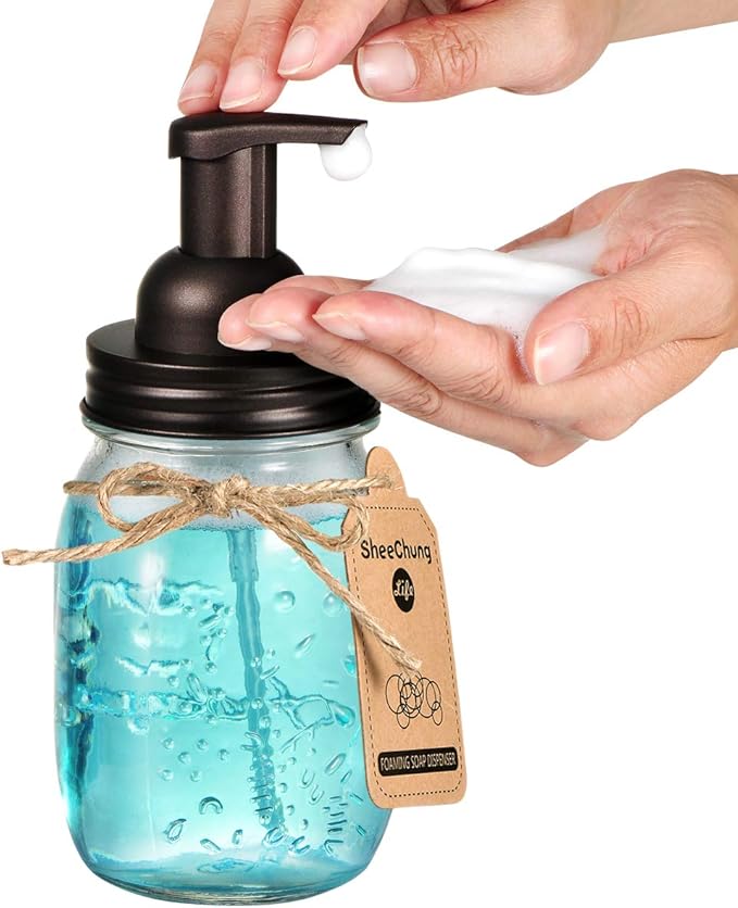SheeChung 2 Pack Mason Jar Foaming Soap Dispenser Lids for Standard Mouth, Foaming Soap Dispenser Pump Replacement for Hand Sanitizer, Bath Liquid, Facial Cleansing Foam, Makeup Remover Water - Bronze