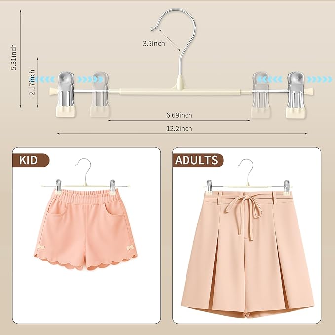 Pants Hangers with Clips 10PACK Adjustable Skirt Hangers for Women Metal Non-Slip Trousers Hanger Heavy Duty Space Saving Clothes Hanger for Shorts,Jeans,12Inch Lvory