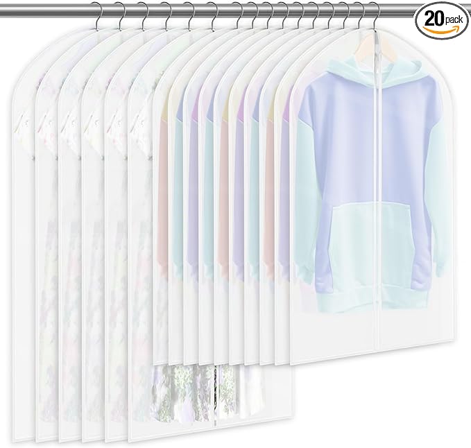 20 Pack Combo Size Garment Bags for Hanging Clothes with Zipper, Translucent Coat Covers for Closet Waterproof Dustproof Garment Covers Bags for Wardrobe Storage and Travel 24" x 40"/ 24" x 47"