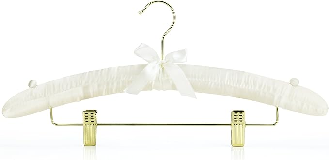 HANGERWORLD Pack of 5 Ivory Satin Padded Hangers with Clips for Skirts, Pants & Sweaters with Non-Slip Buttons, Pretty Hanger for Women Clothing - 17 Inch