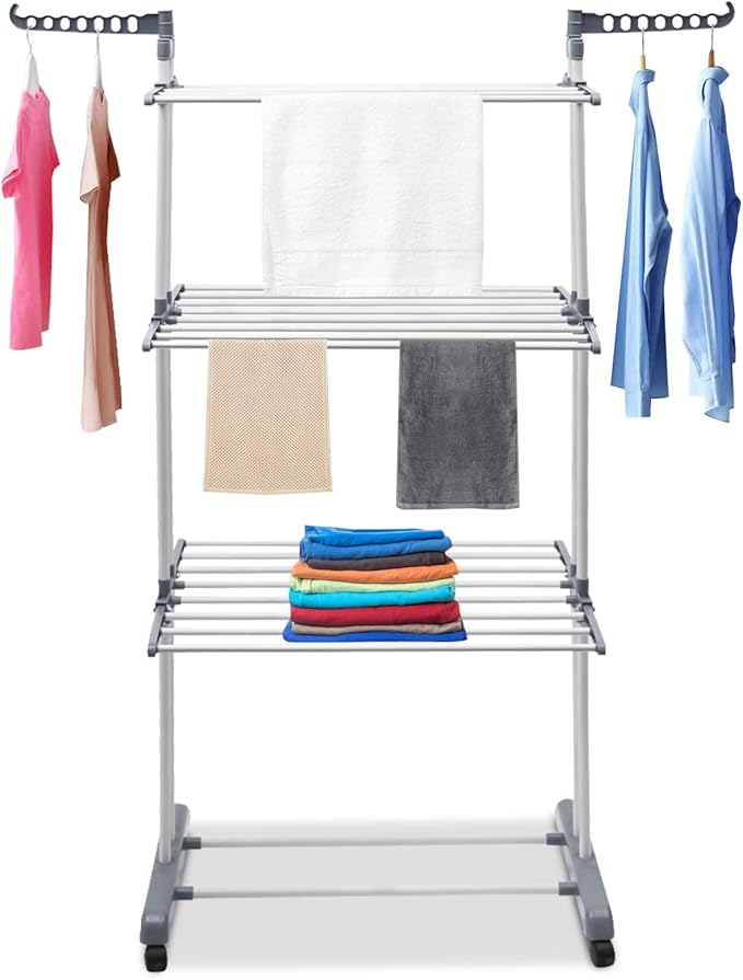 Clothes Drying Rack, 4-Tier Foldable Stainless Steel Drying Rack, Movable Drying Rack with 4 castors, for Balcony, Patio, Indoor Outdoor Use