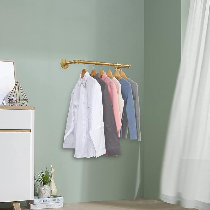 Industrial Gold Pipe Clothing Rack, Wall Ceiling Mounted Clothes Garment Rack 30'', Iron Golden Pipe Clothes Hanging Bar, Heavy Duty Metal Rod for Retail Display Closet Storage
