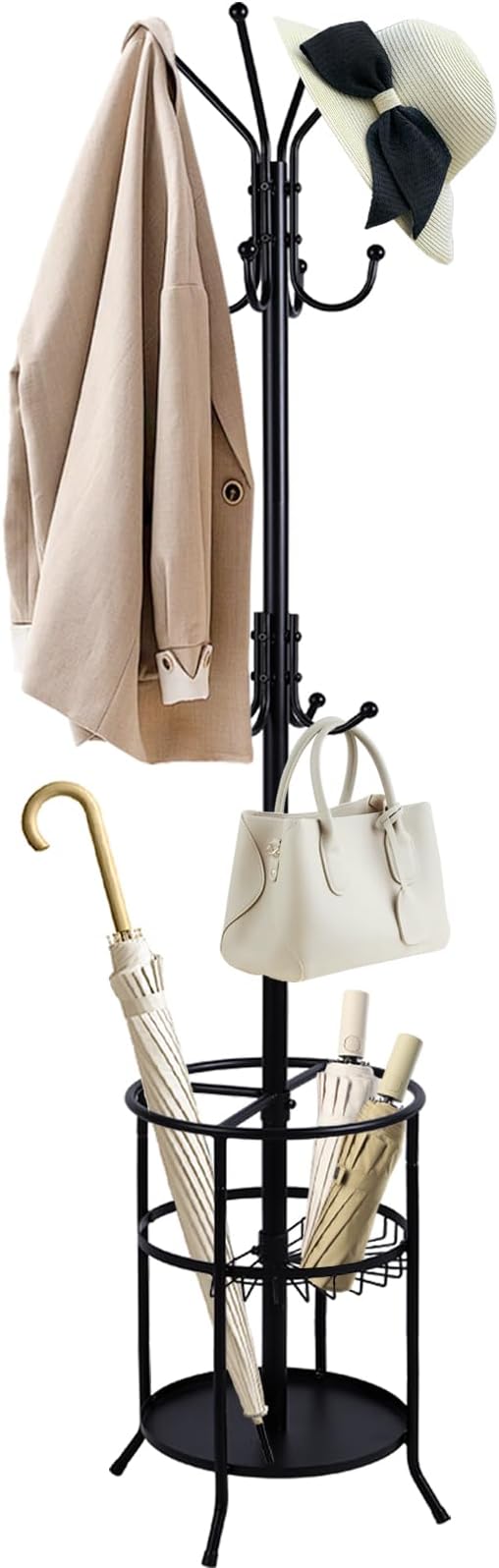 Freestanding Coat Rack with Umbrella Stand,Metal Coat Tree with 12 Hooks, Black Modern Coat Rack Stand,Coat Purse Hat Rack Umbrella Stand for Entryway, Living Room, Bedroom, Office
