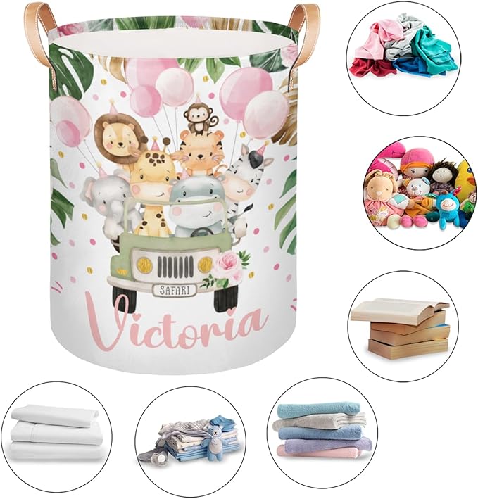 Personalized Laundry Basket, Custom Gift Laundry Hamper, Collapsible Nursery Waterproof Laundry Baskets, Dirty Clothes Toy Hamper with Handles Jungle Safari Animals