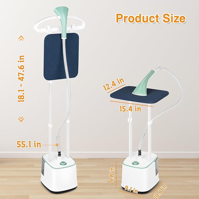 ADVWIN Steamer for Clothes, 2000W Powerful Standing Garment Steamer, 10 Steam Levels, 2.7L Water Tank for 90 Mins Continuous Steaming, Home & Commercial Use, Hanger, Gloves, Fabric Brush (Green)