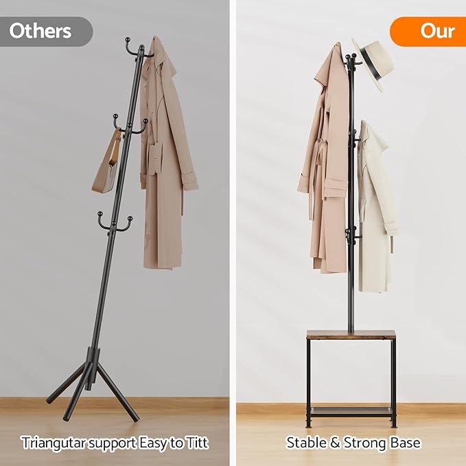 Coat Rack Freestanding, Hat Rack Hall Tree with Bench and Shoe Storage, 3-in-1 Coat Hanger Purse Rack Bag Rack Coat Tree Clothes Tree, Vintage Entryway Corner Coat Rack with Shoe Storage