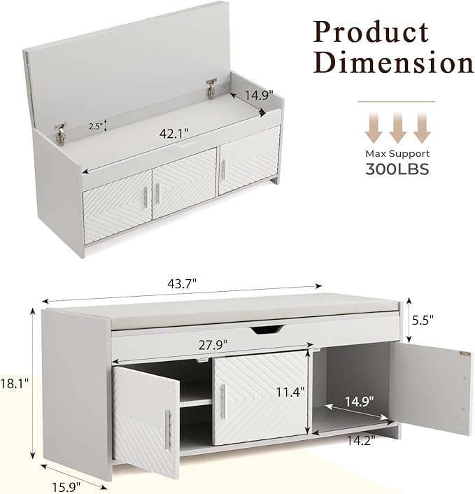 ECOTOUGE Storage Bench, Shoe Bench with Lift Top Storage, Wooden Entryway Bench with Cushioned Seat, Adjustable Shelf for Living Room, Bedroom, Hallway, Light Grey