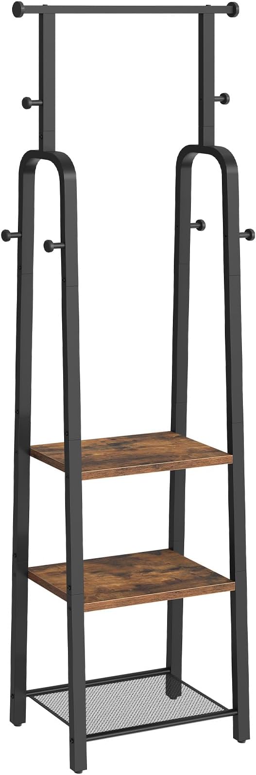 Coat Rack Freestanding, Hall Tree with 3-Shelves and 8 Hooks, Industrial Clothes Rack Stand Organizer for Entryway, Bedroom, Bags, Hats, Scarves, Rustic Brown and Black CRHR14901