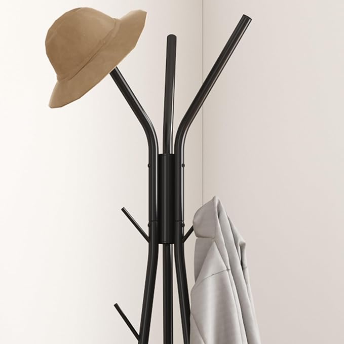 HOMEFORT Coat Rack, Coat Hanger Stand with 2 Shelves, Freestanding Hall Tree, Metal Hat Hanger with 12 Hooks for Clothes Hats and Scarves (Black)