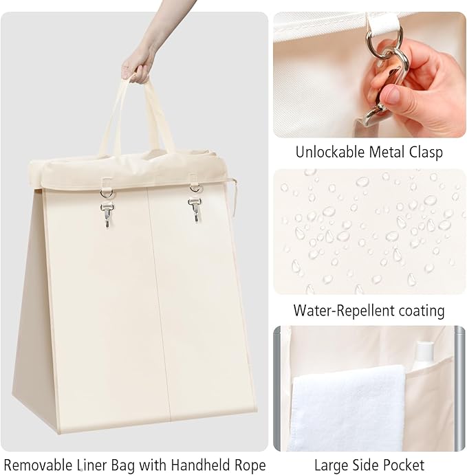 Laundry Hamper 2 Section, Rolling Laundry Basket with Wheels, Laundry Cart with Removable Liner, 37 Gallons (140L) Clothes Hamper, Blanket Dirty Clothes Basket Steel Frame with Handle(Beige)