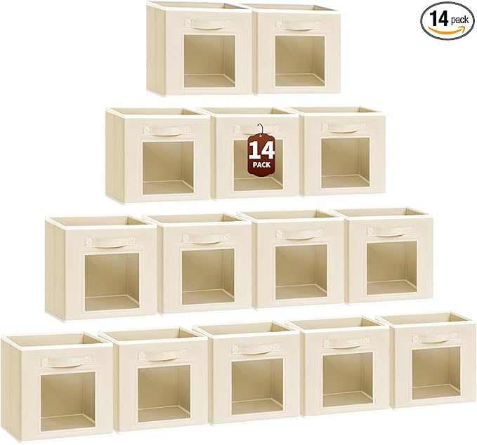 Storage Cube 11 Inch - Cube Storage Bins with Window, Closet Storage Baskets with Handle, Fabric Bins for Closet, Shelves, Toys, Clothes, Set of 14, Beige