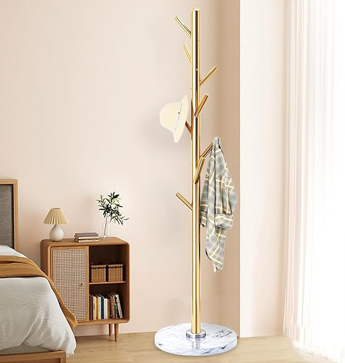 Coat Rack with Natural Marble Base, Solid Stainless Steel Coat Racks Freestanding, Coat Rack Stand with 8 Hooks, Coat Tree Hats Hanger for Entryway, Hallway (Golden)