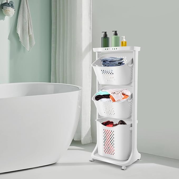 White Laundry Baskets 3 Tier White Rolling Laundry Hamper Cart with Wheels and Portable Storage Baskets Free Standing Clothes Laundry Basket Organizer for Bathrooms,Laundry Rooms
