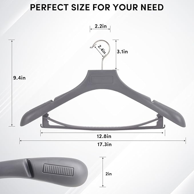 DEDU Suit Hangers for Men 20 Pack, Grey Coat Hangers Extra Wide Non Slip Width 17.7", Thick Plastic with Pants Bar & Metal Hook