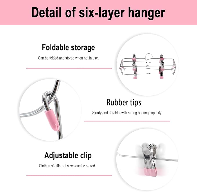 Skirt Pants Hangers with Clips，6Tier Skirt Hangers Space Saving,Metal,Non Slip Closet Organizer and Storage Multi Clothes Shorts Hanger Organization(2, Pink)