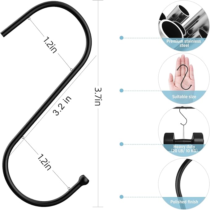 RELBRO Small S Hooks, 3.7 Inch Metal Hanging Jeans Hooks, Reversible, Heavy Duty, Black, 30 Pcs
