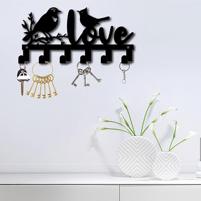 CREATCABIN Metal Bird Coat Hooks Wall Mount Key Holder Organizer Black Decorative Hanger Rack with Love Design Coat Keychain Hanging Wall Decoration for Entryway Door Housewarming Gifts 10.6x5 Inch
