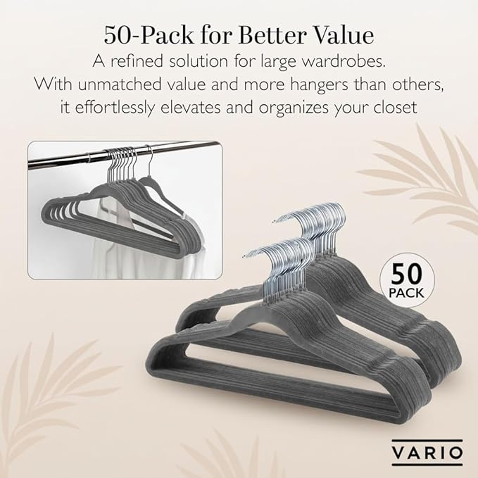 50-Pack Velvet Hangers – Heavy Duty, Non-Slip Clothes Hangers with Chrome Hooks | Slim & Space-Saving Design for Coats, Suits & Plus Size Tops (Grey)