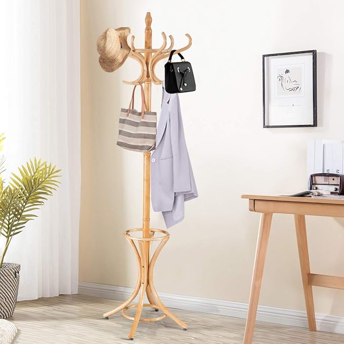 GOFLAME 73" Coat Rack Freestanding, Wooden Coat Tree with 12 Hooks and Umbrella Stand, Entryway Hall Tree, Hat Hanger Organizer, Coat Rack Stand for Coats, Hats, Scarves, Bags, Easy Assembly, Oak