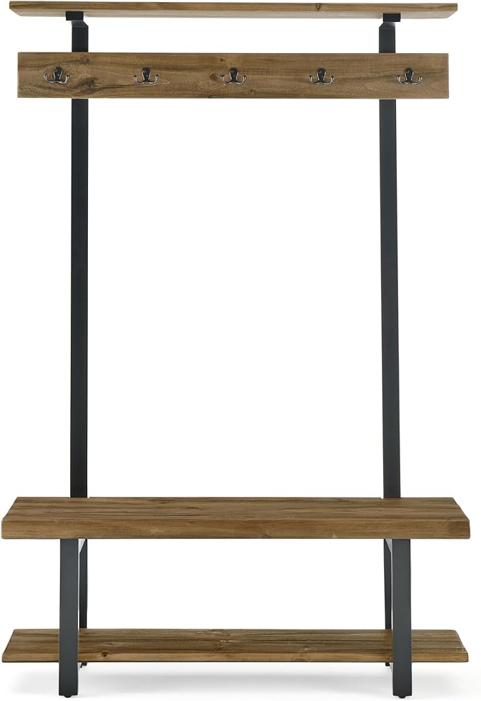 Alaterre Furniture Pomona Entryway Organizer – Modern Farmhouse 48-Inch Solid Wood Hall Tree with Bench, Shelves & Metal Coat Hooks – Mudroom & Foyer Storage for Jackets, Bags & Shoes (Rustic Brown)