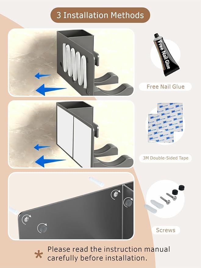 Hair Dryer Holder Wall Mounted with Tool Organizer, Blow Dryer Holder Compatible With Dyson/Shark, Hair Dryer Hanger Adhesive/Screw Mount for Bathroom, Vanity, Bedroom - Mg-Al Alloy, Gray