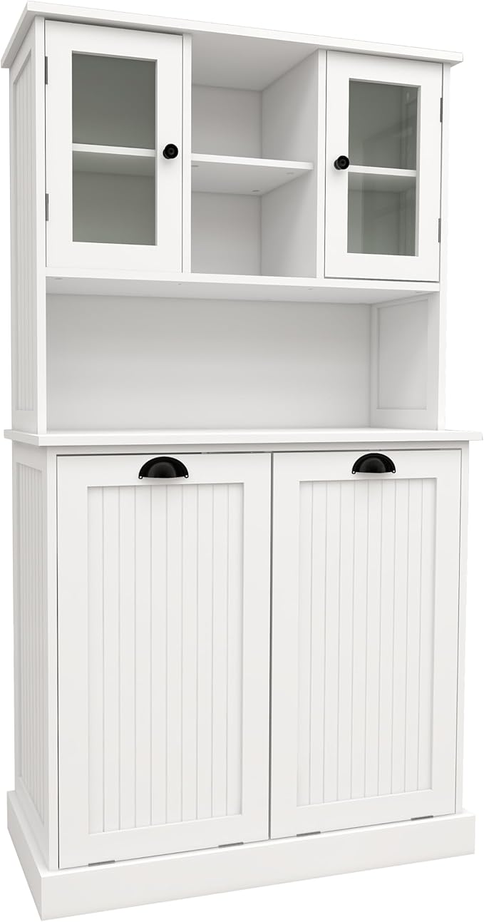 Tall Tilt-Out Double Doors Laundry Cabinet Hamper, Large Pull Out Laundry Room Storage Cabinets, Bathroom Cabinet with Hidden Laundry Hamper & Glass Doors, White,13 * 2 Gallons