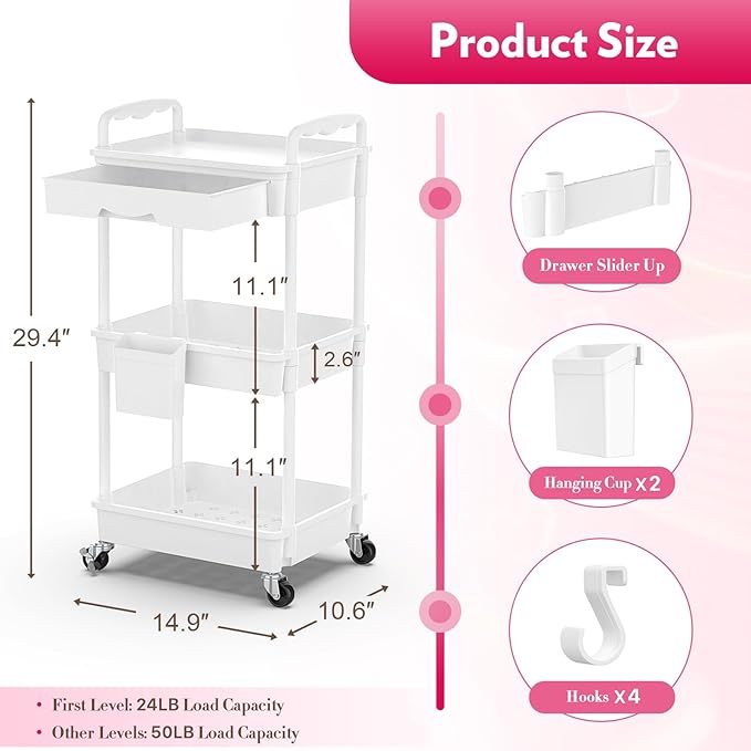 Makeup Cart Organizer with Drawers, Floor Skincare Organizers Vanity Storage Organizer, Rolling Makeup Bathroom Storage Cart Cosmetics Display Cases for Skin Care Perfume Nail Polish, White