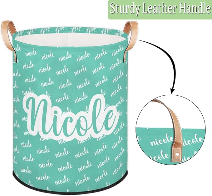 Custom Name Laundry-Hamper, Personalized Cyan Kids-Clothes-Hamper Foldable with Name, Customized Storage Basket with Handles Waterproof Gift for Boys Girls Baby Women