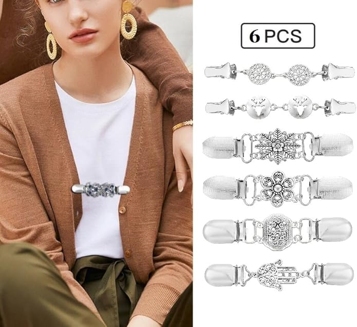 Vintage Sweater Clips Shawl Dresses Shirt Clips Retro Cardigan Collar Chain Clips Brooch Pins for Women